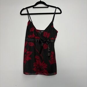 Vtg Hot Tempered Black Red Floral Glitter Cami Top Satin Bow Y2K Goth Medium